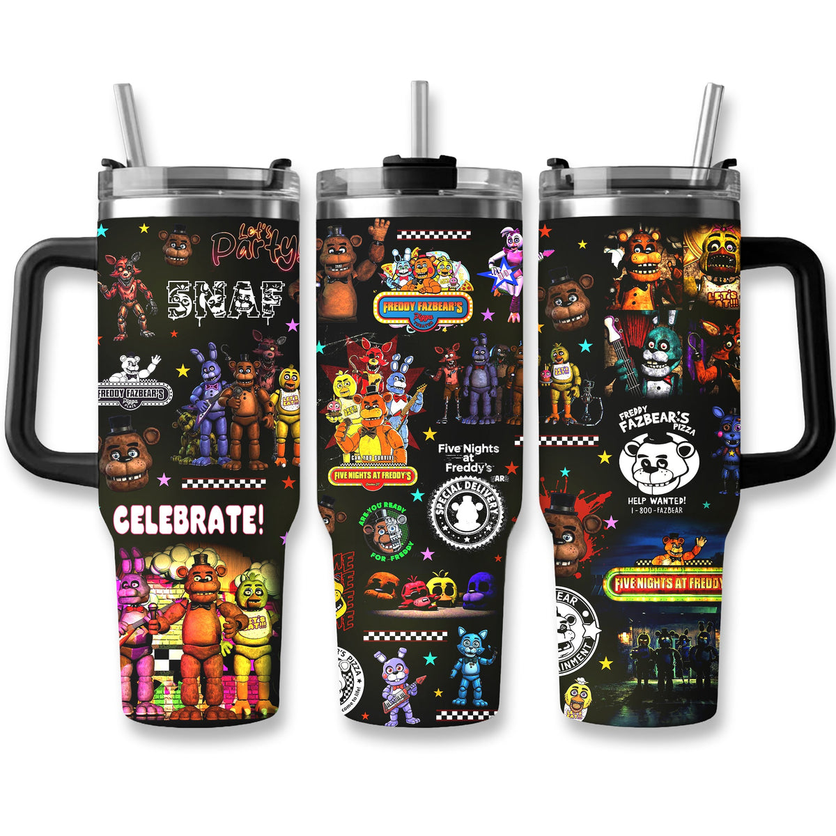 NEW | 40oz 20oz FNAF Stainless Steel Tumbler With Handle And Straw, Gothic Halloween Drinkware, Horror Movie Gift for Fans