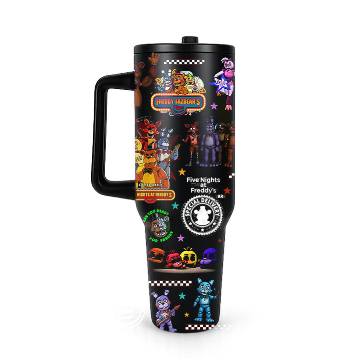 NEW | 40oz 20oz FNAF Stainless Steel Tumbler With Handle And Straw, Gothic Halloween Drinkware, Horror Movie Gift for Fans