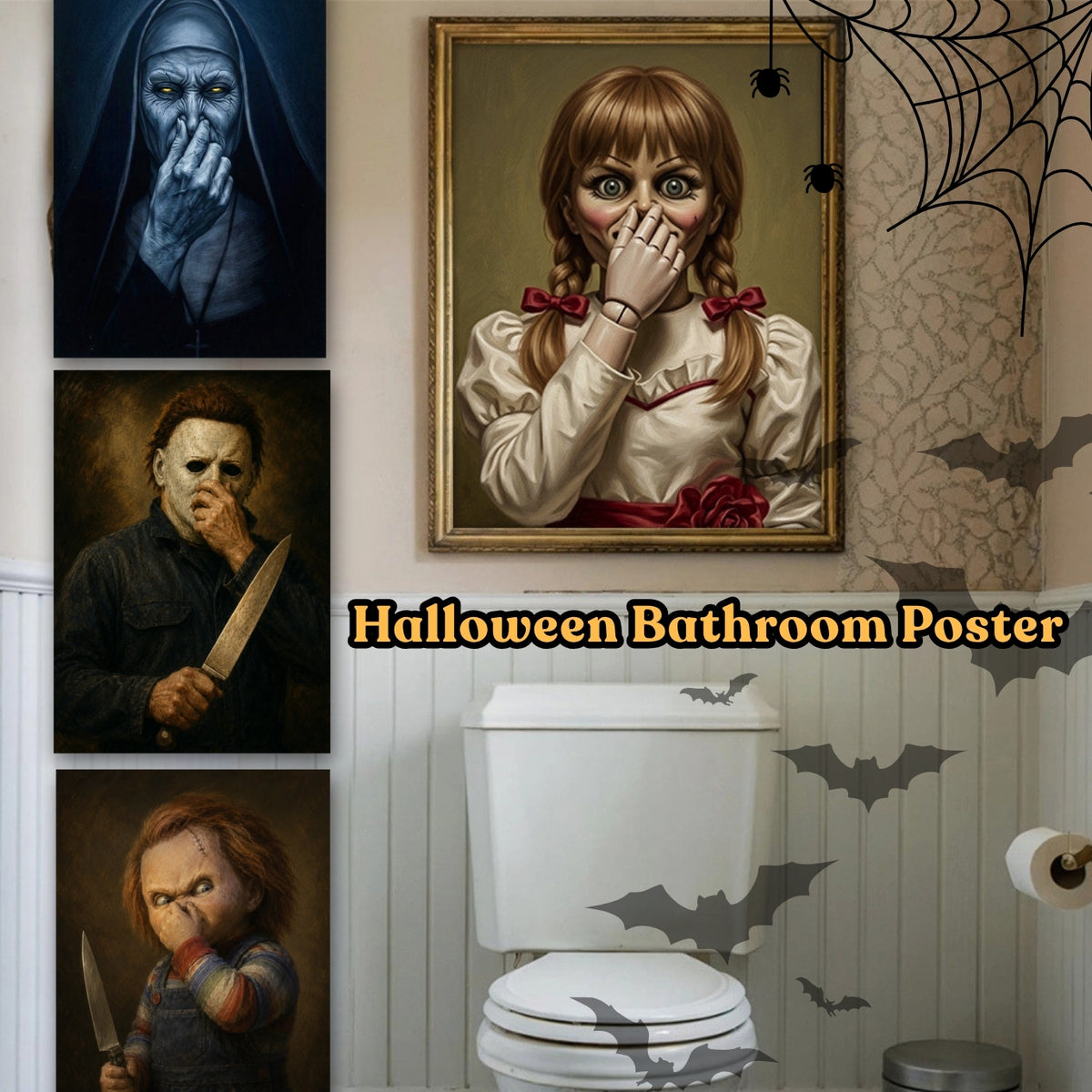 Funny Halloween Characters Bathroom Art Print – Funny Toilet Wall Decor &amp; Unique Gift