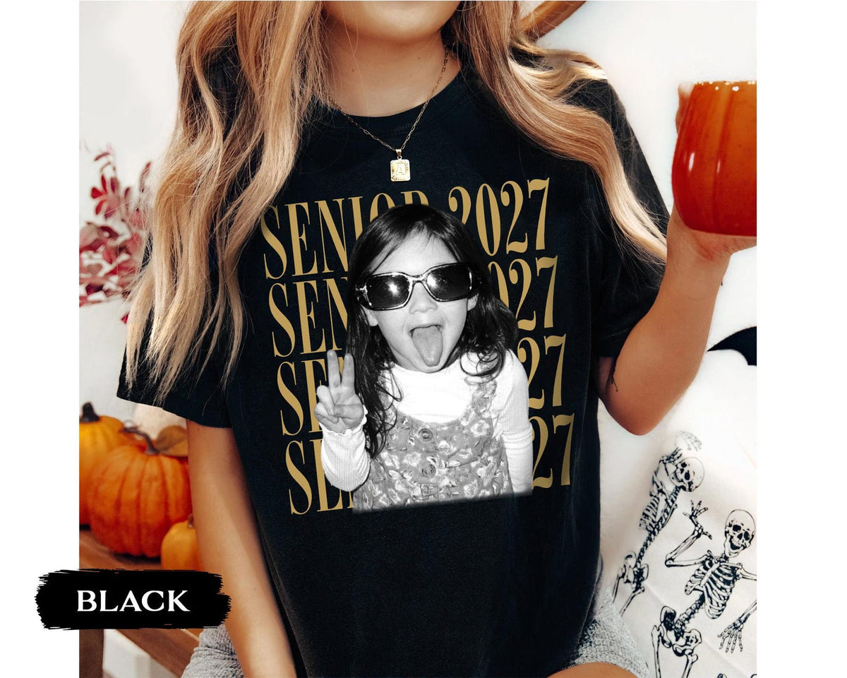 Personalized Vintage Photo And Year Senior Shirt: Custom Graduate Picture Shirt, Class of 2027 Graduation Gift, Retro Senior Boy Girl Shirt
