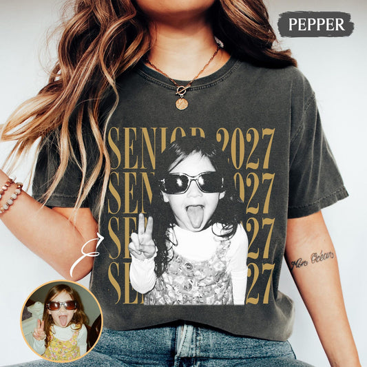 Personalized Vintage Photo And Year Senior Shirt: Custom Graduate Picture Shirt, Class of 2027 Graduation Gift, Retro Senior Boy Girl Shirt