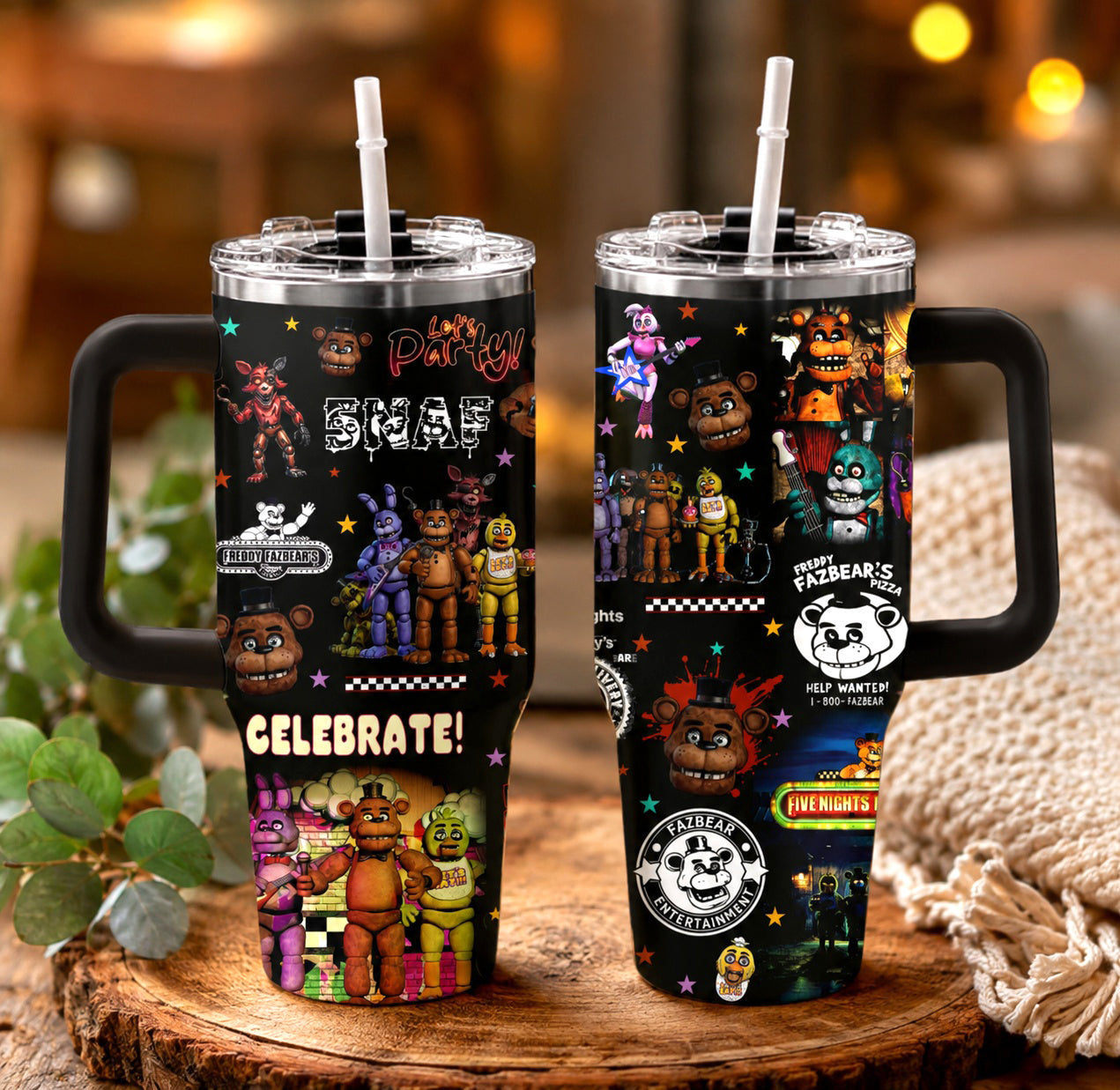 NEW | 40oz 20oz FNAF Stainless Steel Tumbler With Handle And Straw, Gothic Halloween Drinkware, Horror Movie Gift for Fans
