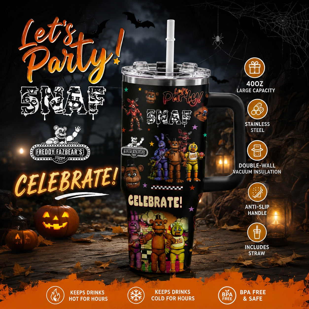 NEW | 40oz 20oz FNAF Stainless Steel Tumbler With Handle And Straw, Gothic Halloween Drinkware, Horror Movie Gift for Fans