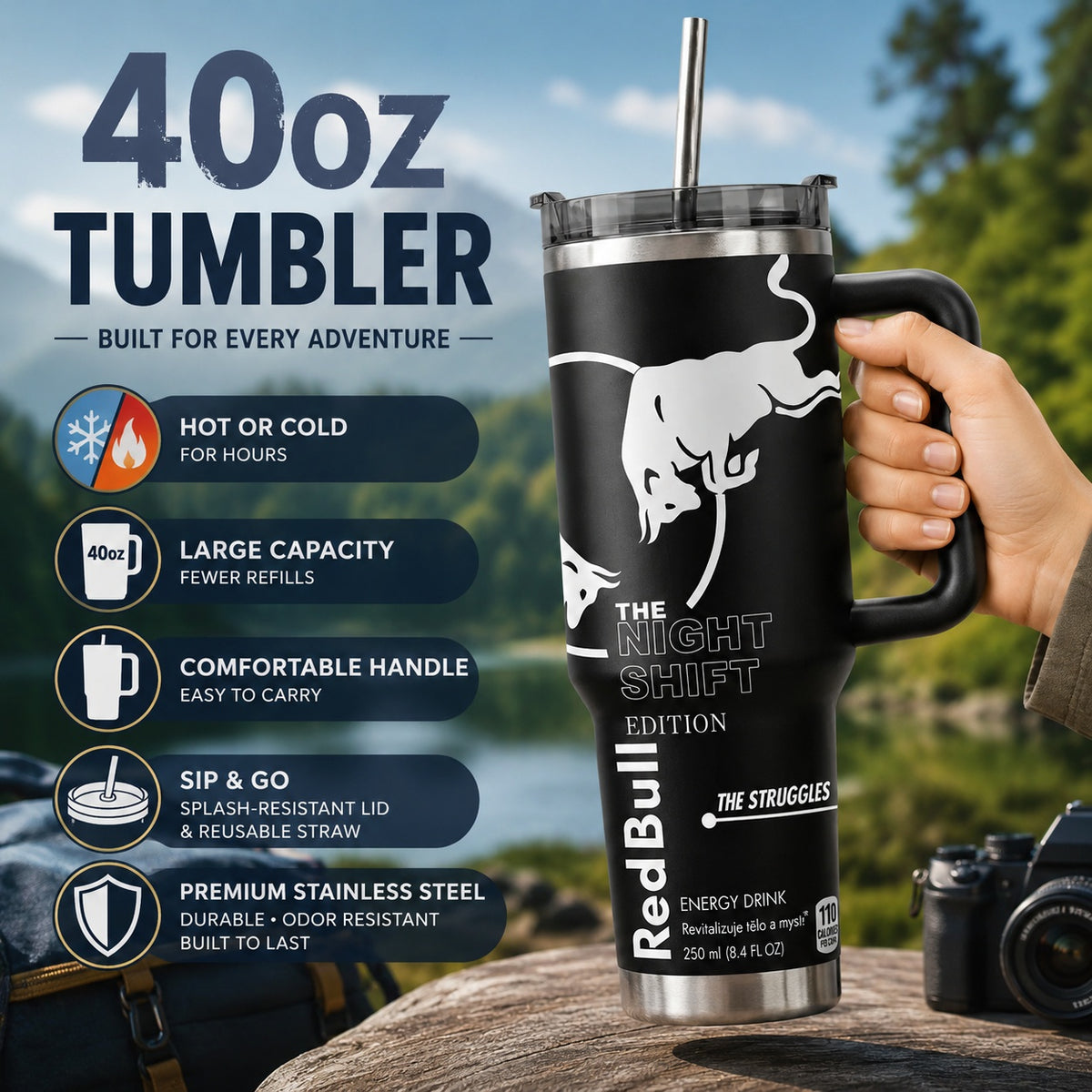 RB Pink, Blue & White Edition 40oz Stainless Steel Tumbler With Handle and Straw, Double Wall Vacuum Insulated Travel Mug