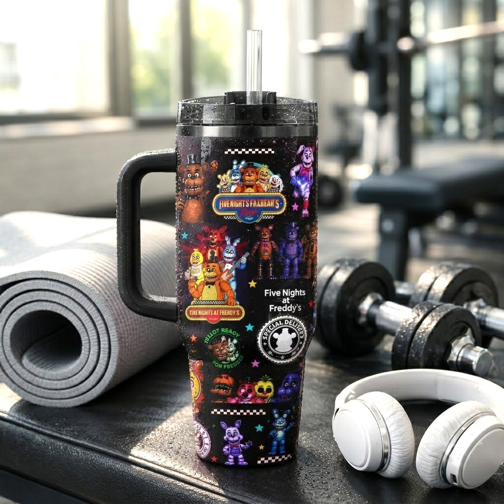 NEW | 40oz 20oz FNAF Stainless Steel Tumbler With Handle And Straw, Gothic Halloween Drinkware, Horror Movie Gift for Fans